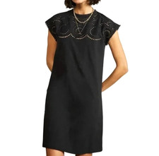 Boden Women's 10 Dress Cutwork Textured Slub Jersey Eyelet Shift Mini Black