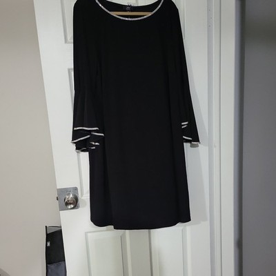 JBS Black Shift Dress Scoop Neck 3/4 Bell Sleeves Metallic Trim 2X