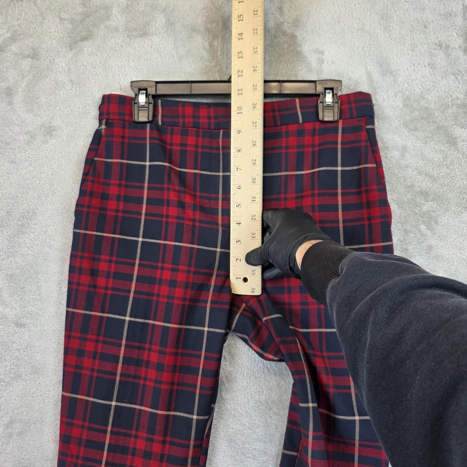 Pantalones básicos Zara para mujer grandes rojos azul marino escoceses tartán pantalones elásticos cónicos Foto 3 de 4