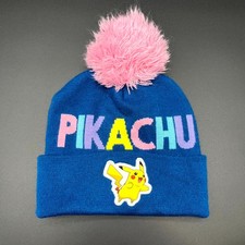 Pikachu Hat Pok mon Youth One Size Blue Beanie Cap Cuffed Pom Knitted Winter