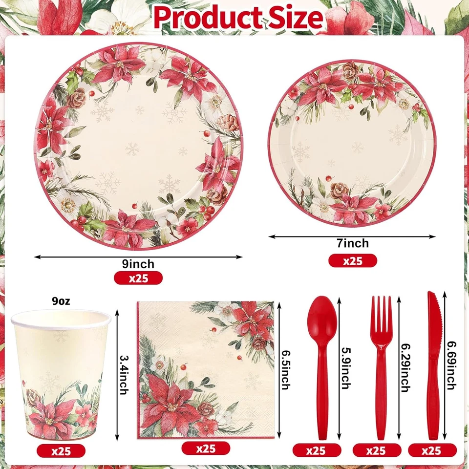 175 peças pratos e guardanapos de papel de Natal, 25 convidados poinsétia vermelho - Imagem 2 de 4