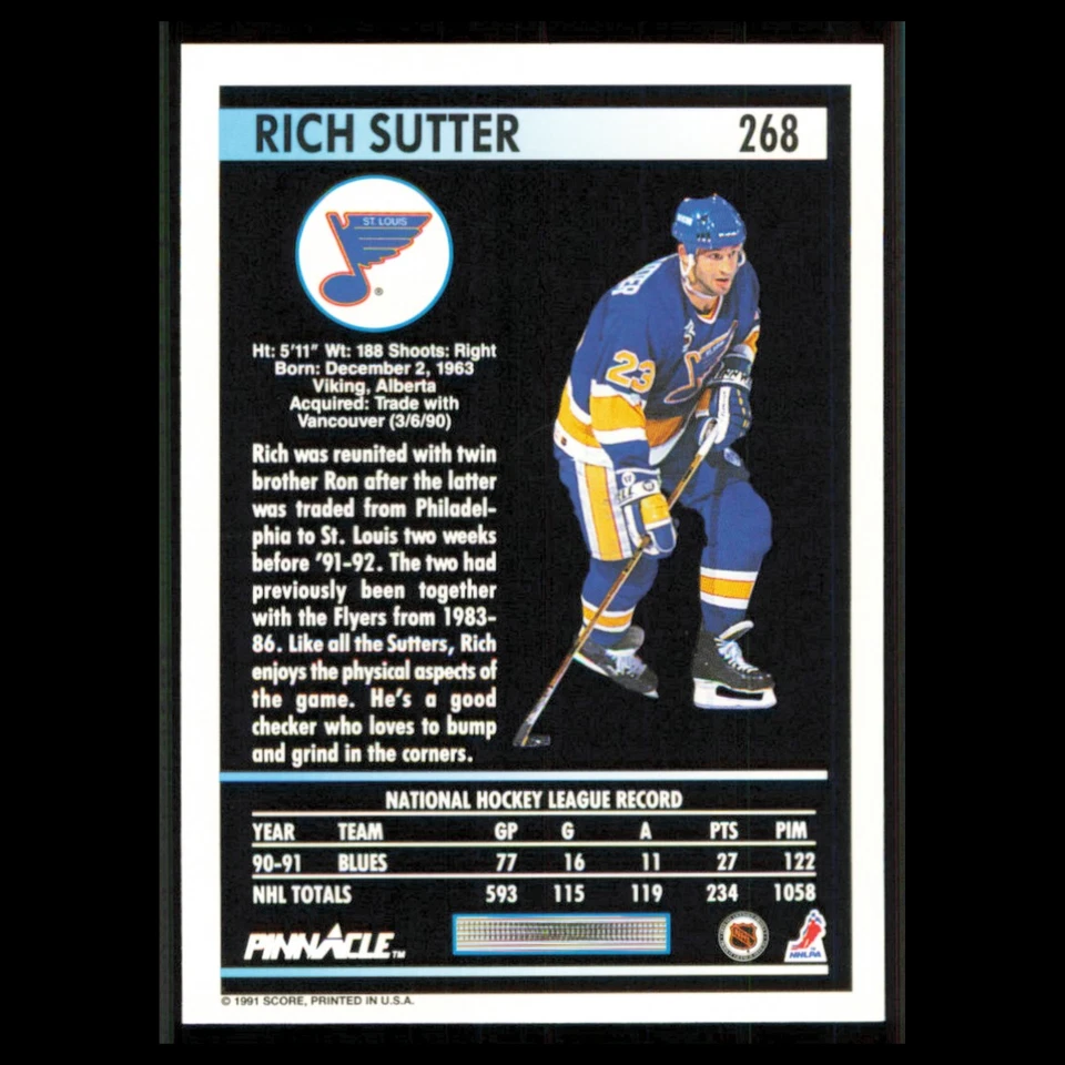 Rich Sutter #268 1991 Pinnacle St. Louis Blues Hockey Card NHL NM - Image 2 of 3