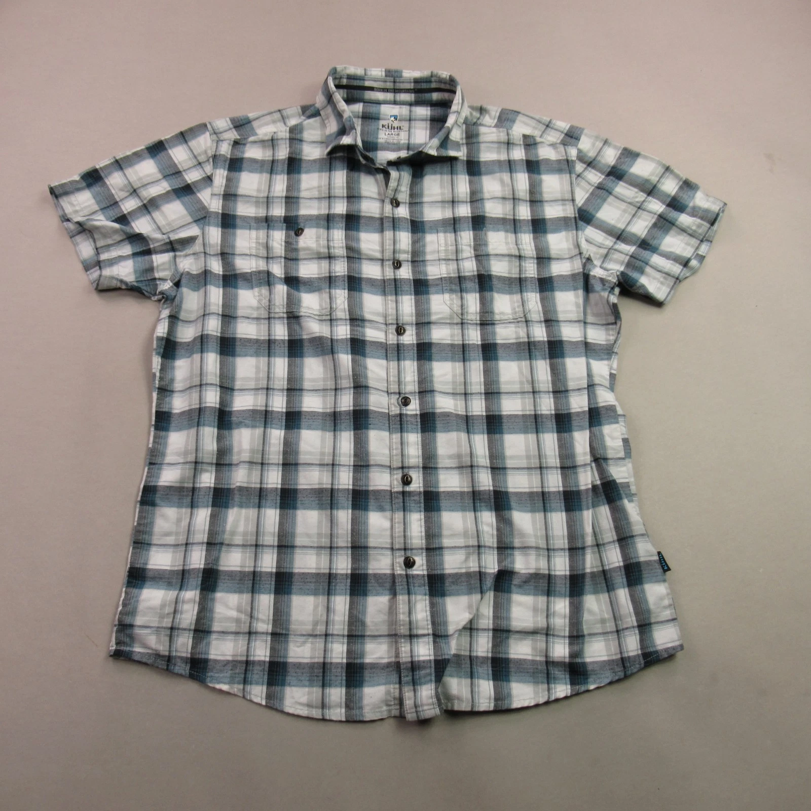 Kuhl Shirt Mens Large Short Sleeve Button Front Lightweight Blue Casual Plaid