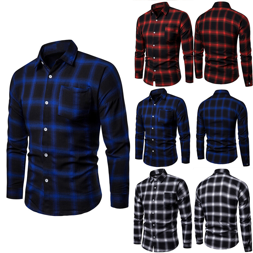 Men's Long Sleeve Collar Shirt Tops Casual Work Button Plaid ...