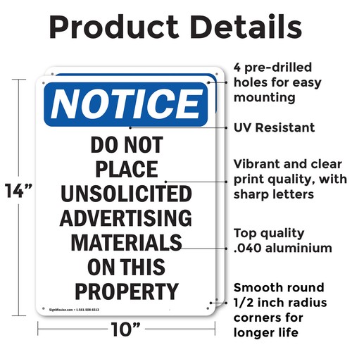 (2 Pack) Do Not Place Unsolicited Advertising OSHA Notice Sign Decal Metal - 第 2/21 張圖片