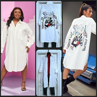 White Cotton Art & Slogan Print Drop Shoulder Oversized Longline Shirt Dress ML