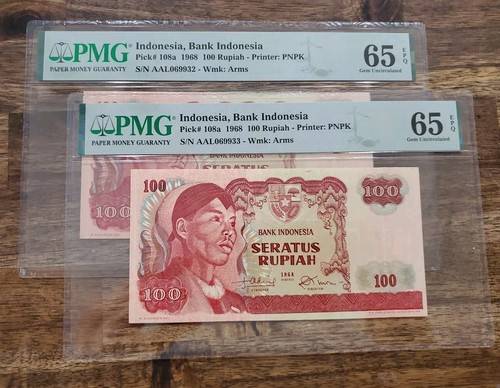 Consecutively Lot Of 2 Indonesia 100 Rupiah 1968 P 108 a Gem UNC PMG 65 EPQ