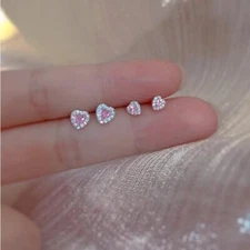 Women Girl 4/6mm Sterling silver Small stud post earrings Heart Pink CZ prong C4