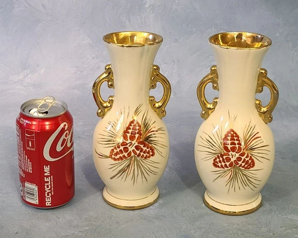 Conjunto de 2 vasos brancos folheados a ouro pintados à mão de cerâmica decoração para casa padrão de pinha - Imagem 4 de 4
