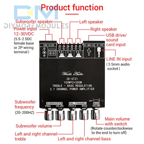 ZK-ST21 Bluetooth Digital Amplifier Board 2.1 Channel 100W+100W+200W Audio Amp - Picture 4 of 24