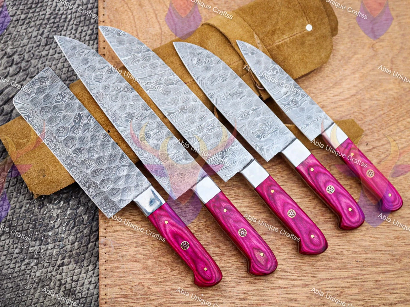 Handmade Damascus Steel 5Pcs Pink Chef Knife Set Kitchen Knives With Leather Bag