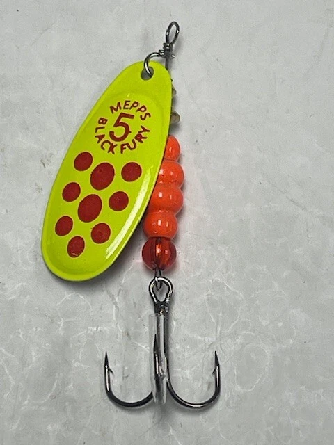 Mepps BlackFury #5 1/2 oz Plain Treble hook- Orange body with Chatreuse blade - Image 2 of 4