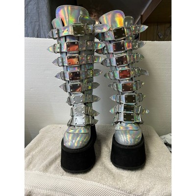 Demonia Trinity-827 Silver Holographic Multi Strap Buckle Platform Boots