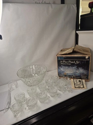 Vintage Anchor Hocking Arlington 26 Pc Punch Bowl Set w/ Box – Pressed Glass