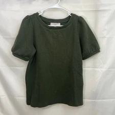 LOFT women's olive green puff sleeve thick kit relaxed Crewcut blouse casual S