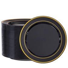 Sykomo 100Pcs Black Plastic Plates 10 Inch Disposable Dinner Plate Party Gold