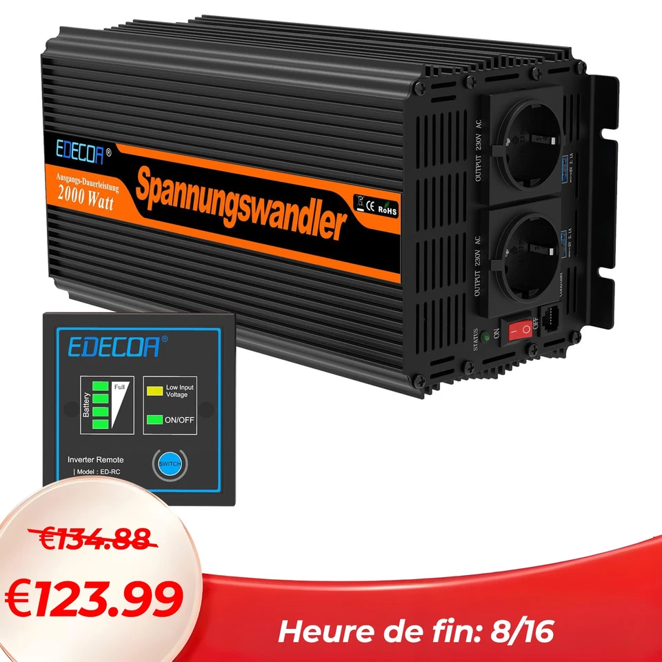 EDECOA Convertisseur 12V 220V 2000W Onduleur 12V 230V USB Inverter RV Auto - Photo 1/4