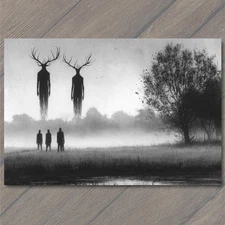 POSTCARD Antlered Shadow Beasts Hover Over Foggy Field Creeping Silhouettes Tree
