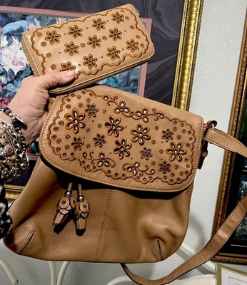 BRIGHTON  STELLA Embroidered  Eyelet Flowered Flap Shoulder Bag & WALLET SET