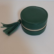 Green Faux Leather Round Travel Jewelry Case Zip-Around Velvet Lined Organizer