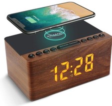 ANJANK Wooden Digital LED Alarm Clock FM Radio, Fast Wireless Charger Station