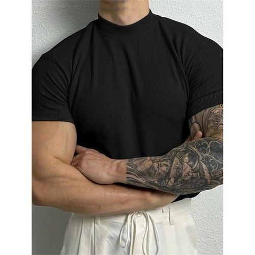Mens T Shirts High Neck Summer Tops Men Sport Casual Short Sleeve T-shirt - Picture 16 of 16