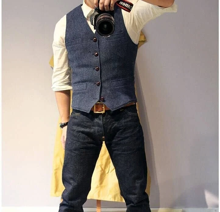 Mens Tweed Vest Western Cowboy Groom Bestman Formal Waistcoat M Large XL XXL 3XL - Image 3 of 4