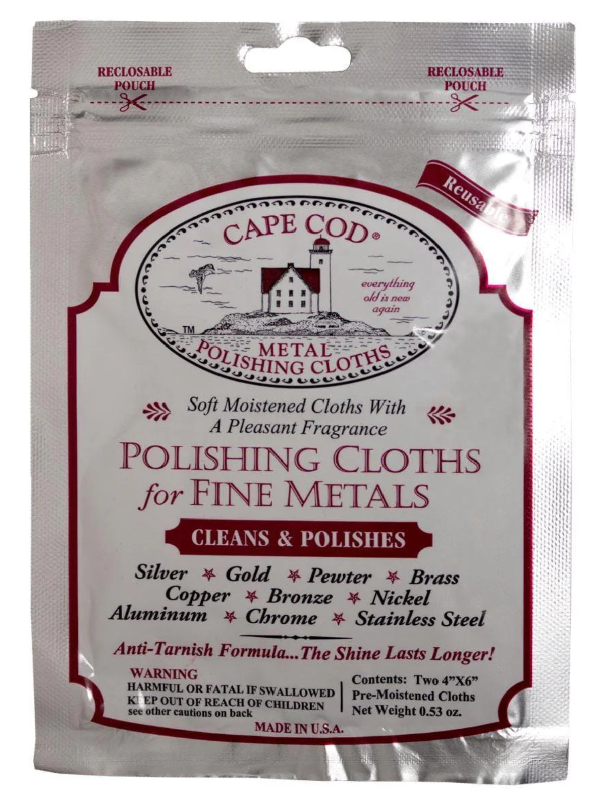 CAPE COD Metal Polishing Cloths - 2 PC 4"" x 6"" Cloths Pouch for Fine Metals