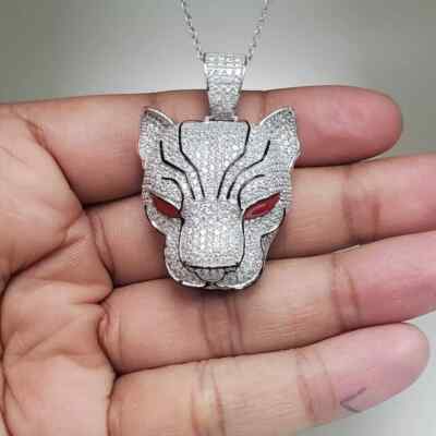 2.80Ct Round Moissanite Panther Head Charm Pendant 14K White Gold Plated Silver