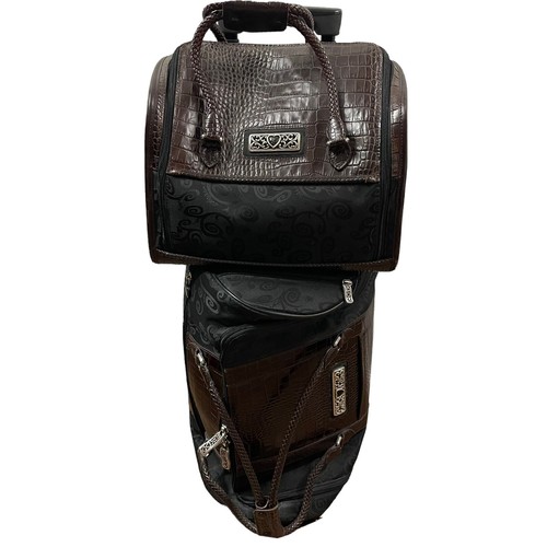 Brighton Travel Luggage Set Wheel Duffle Toiletry Bag Black Fabric Brown Leather