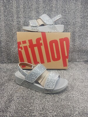  New FitFlop Mina Glitter Mix Silver Sandal Sz 9 / 41 Sparkle Glitter Hook Loop