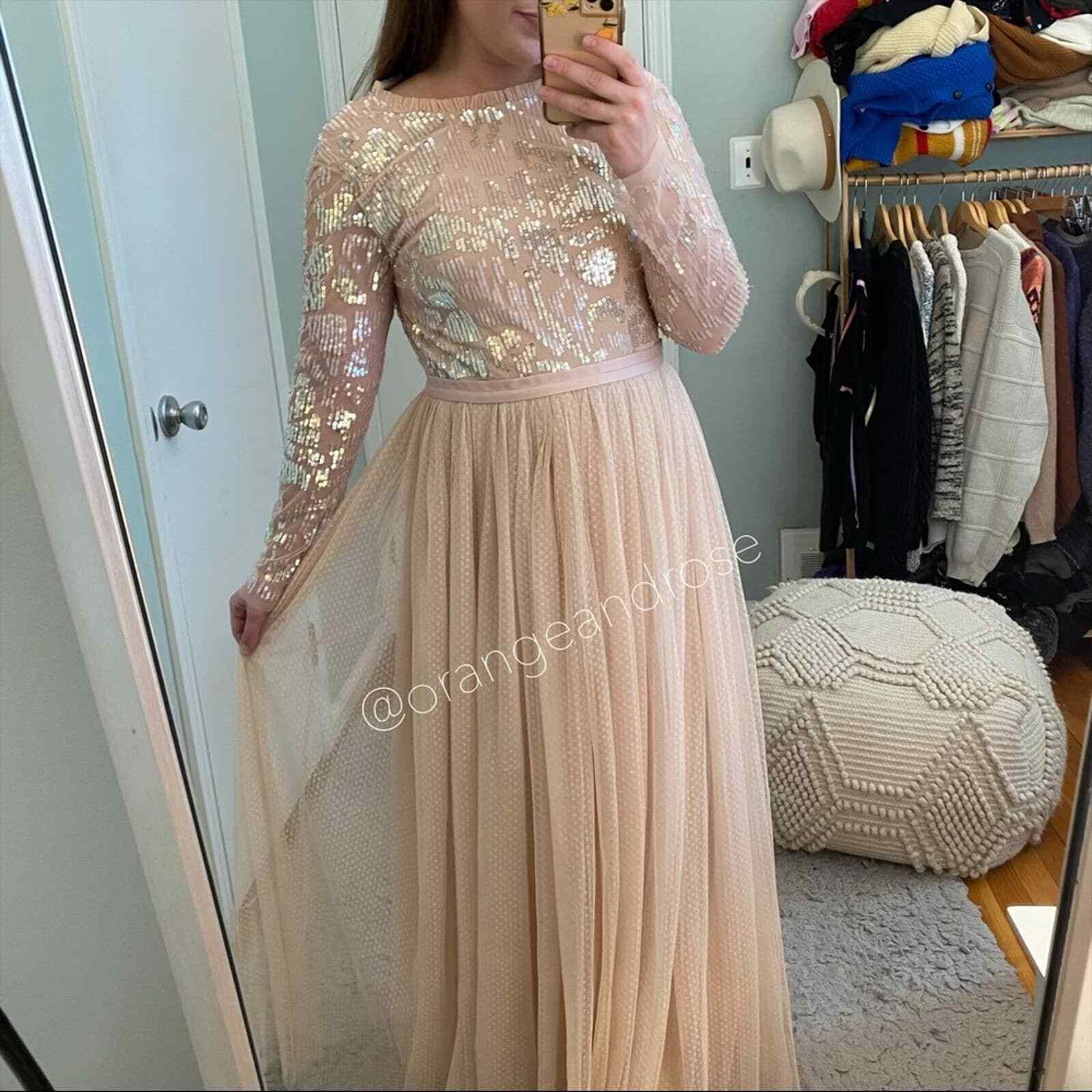Needle & Thread Blush Pink Sequin Long Sleeve mesh Open Back Tulle Maxi Gown 6