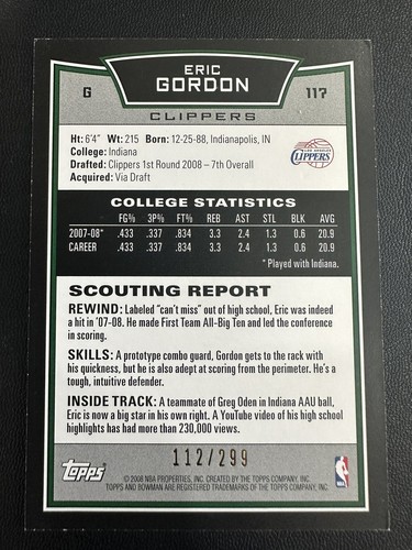 Eric Gordon, 2008-09 Bowman Basketball - Orange /299 Rookie Card (RC), Clippers - Picture 2 of 2