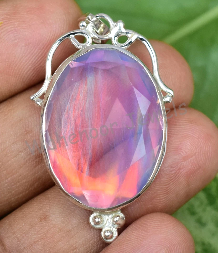 Raro 43.85 KT Aurora Opale Ovale 925 Pendente Argento Sterling Fatto a Mano - Immagine 3 di 4