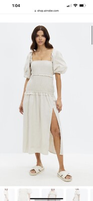 AERE Shirred Linen Puff Sleeve Midi Dress - size 6 | eBay Australia