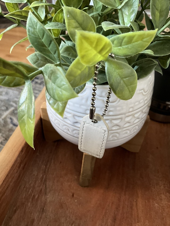 1.5" Small COACH White & Saddle LEATHER Nickel Fob Bag Charm Keychain