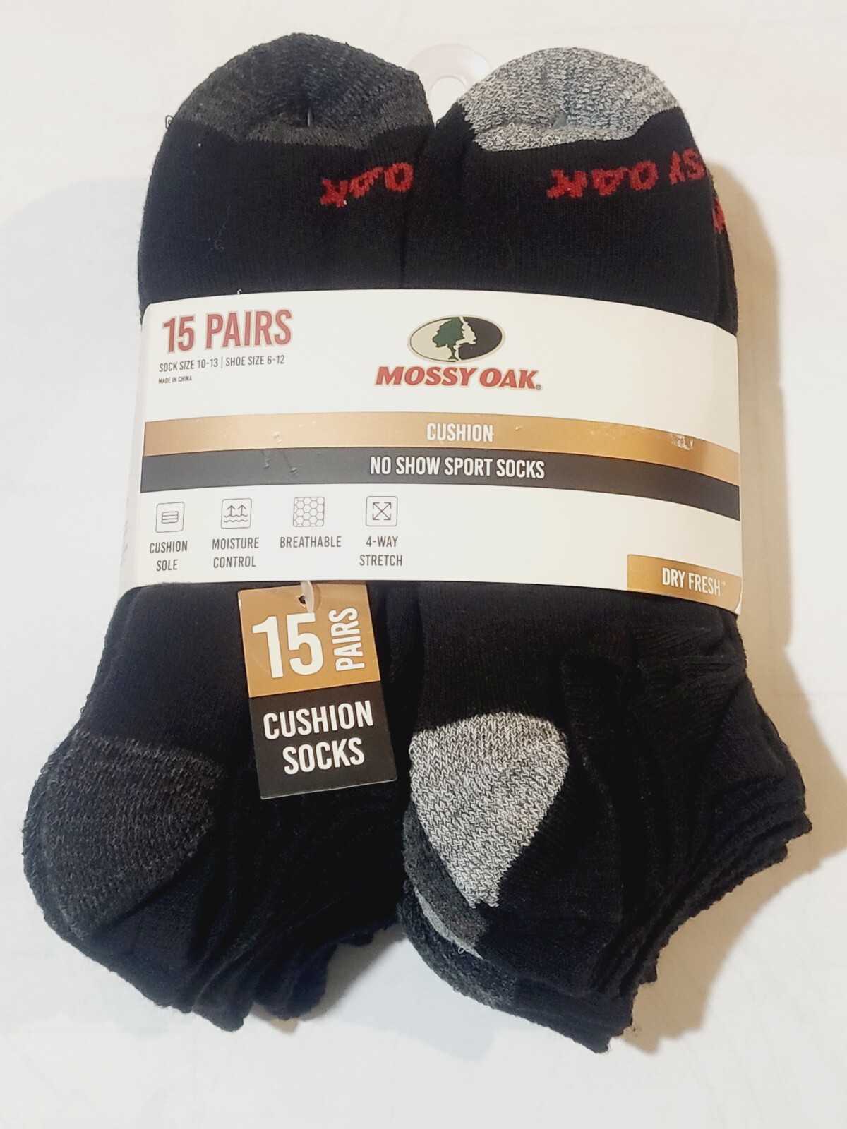 Mossy Oak Men's Shoe 6-12 15-Pair Cushion Black No Show Sport Socks Dry Fresh