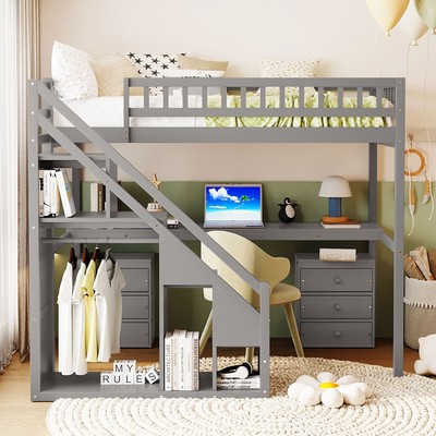Twin Size Loft Bed with Two Chest of Drawers, Desk and Light Strip, Gray