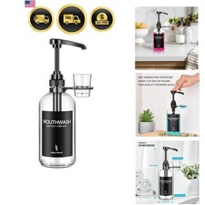 Glass Mouthwash Dispenser with Black Cup Holder 16oz Rustic Bathroom Decor