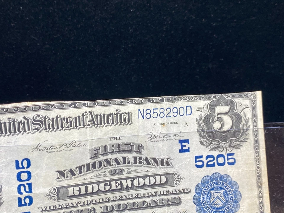 1902 FIRST NATIONAL BANK RIDGEWOOD NEW JERSEY $5 NATIONAL BANKNOTE #N858290D - Image 3 of 4
