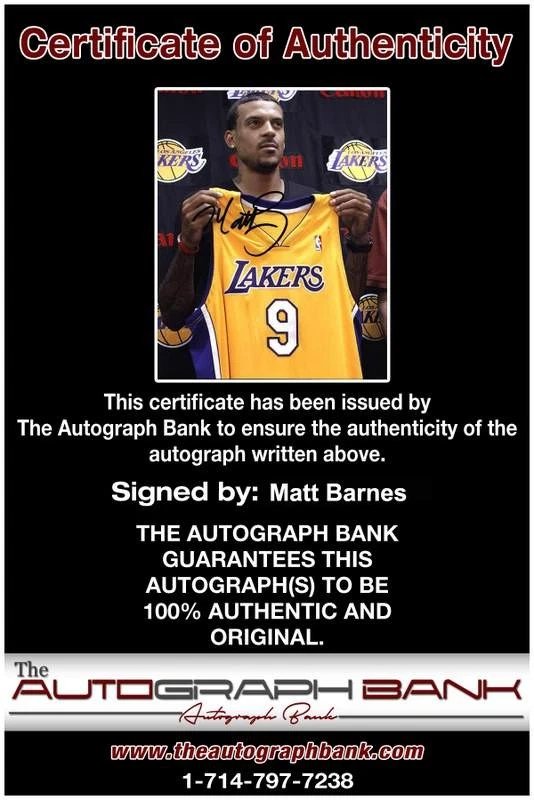 Foto firmada por Matt Barnes de baloncesto de la NBA de 8x10 con certificado autografiado 001 Foto 2 de 2