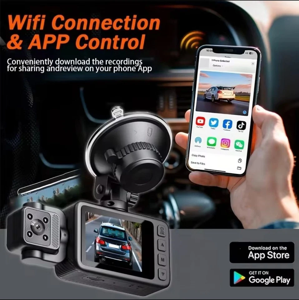 DASHCAM AUTO FULLHD CON APP WIFI UNIVERSALE VISIONE NOTTURNA E TRIPLA TELECAMERA - Immagine 4 di 4