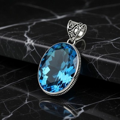 Handcrafted Sky Blue Topaz Glass Cut Gem Oval Silver Pendant Women Necklace 105