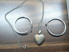 CRISLU Sterling Platinum .925 Silver Cubic Zirconia Heart Locket Necklace & Hoop