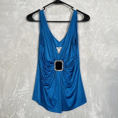 Vintage Y2K Top Blue Embellished MEDIUM V Neck Blue Jeweled Bling