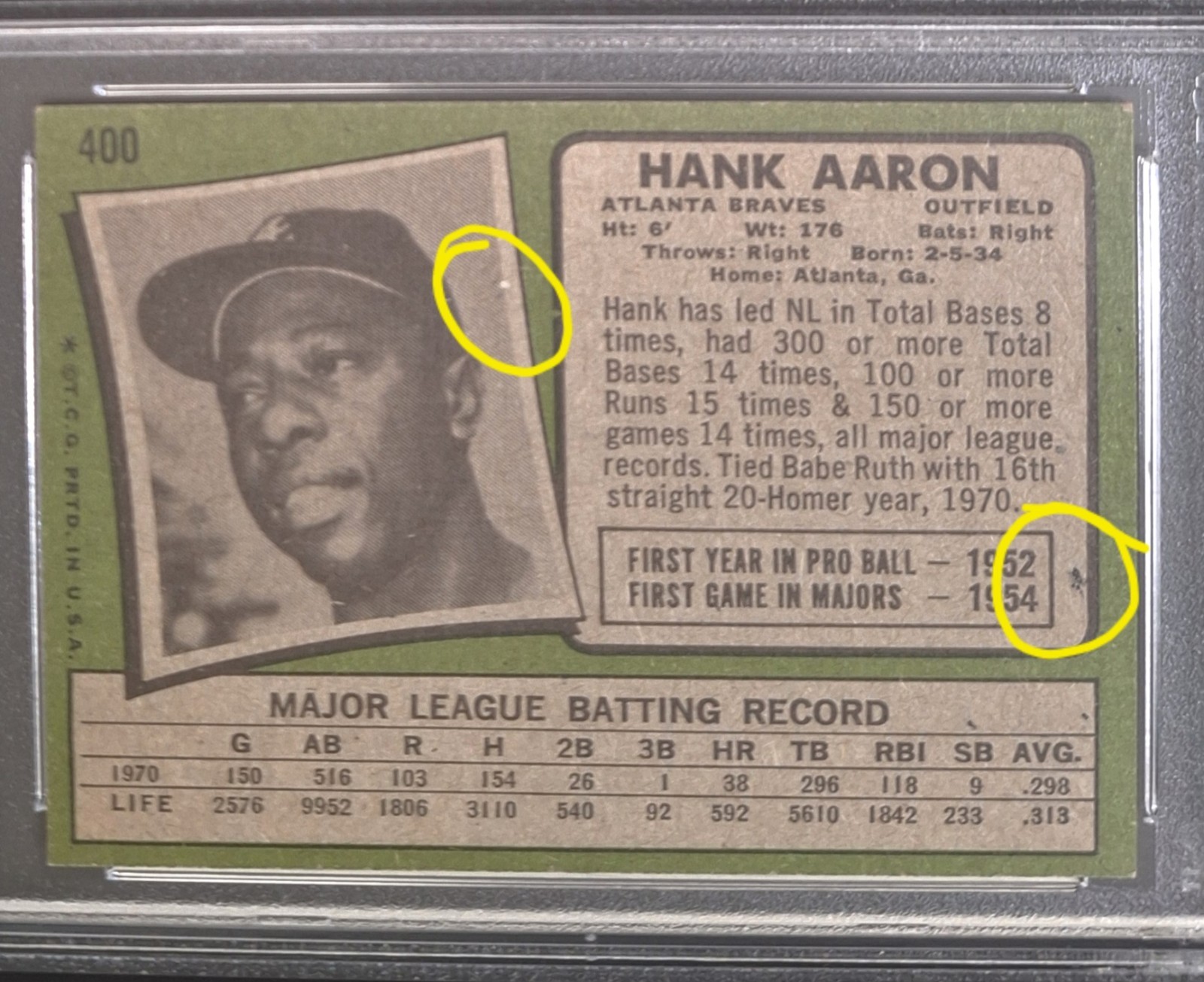 PSA 6 - 1971 Topps #400 Hank Aaron Atlanta Braves HOF view 4