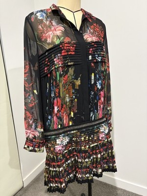 Roberto Cavalli Pleated Floral Silk-Chiffon Drop-Waist Shirt Dress - Size 46