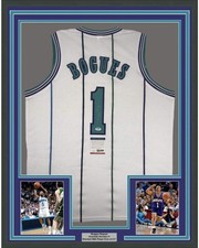 FRAMED Autographed/Signed MUGGSY BOGUES 33x42 Charlotte White Jersey PSA/DNA COA