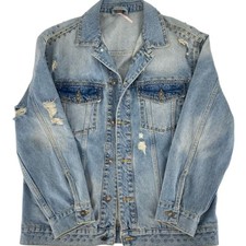 Free People Studded Distressed Ripped Denim  Trucker Jacket Boho Western