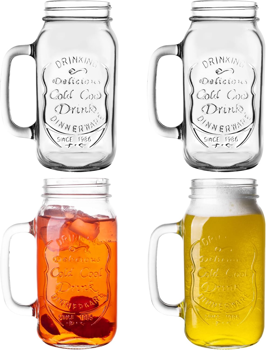 4 Pack 24oz Mason Jar Drinking Glasses with Handle Dishwasher Safe